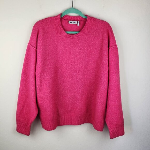 Weekday Bright Pink Annie Chunky Knit Oversized Crewneck Sweater Wool Blend sz S - Picture 3 of 12